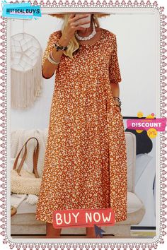 Women Short Sleeve Round Neck Floral-print Causal Midi Dress Orange Printed Short Sleeve Maxi Dress, Patterned Vacation Dress With All Over Print, Casual Patterned Printed Maxi Dress, Printed Non-stretch Knee-length Midi Dress, Patterned Dress With All Over Print For Vacation, Brown Printed Maxi Dress For Summer, Printed Floral Dress For Fall Vacation, Casual Graphic Print Patterned Dress, Fall Printed Short Sleeve Dresses