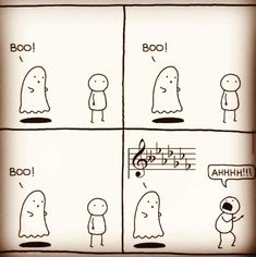 a comic strip with ghost characters and music notes