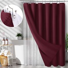 a bathroom with a red shower curtain next to a white bathtub and toiletries