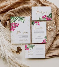 wedding stationery with pink flowers and greenery