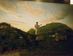 a man standing on top of a lush green hillside