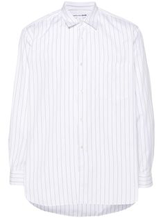 white/black cotton poplin texture vertical stripe pattern pointed flat collar long sleeves buttoned-cuff sleeves chest patch pocket curved hem front button fastening City Shorts, Comme Des Garcons Shirt, Flat Collar, Versace Outfit, Balenciaga Triple S, Dress Watch, Summer Beach Wear, Light Jacket, Cuff Sleeves