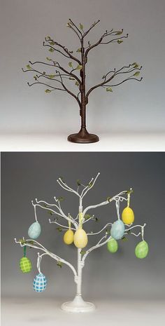 two photos one with an easter tree and the other with eggs hanging from it's branches