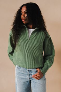 Dunst unisex half zip-up ribbed wool sweater in soft green. 50% wool, 35% nylon, 15% polyester. Model is wearing a size S. UDSW3D128E1 PIPE AND ROW Half Zip Outfit, Zip Sweater Outfit, Soft Green Color, Half Zip Sweater, Half Zip Sweaters, Zip Sweater, Wool Sweater, Women Pullover, Individual Style