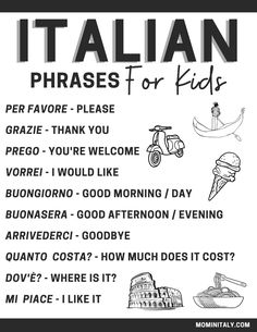 the italian phrases for kids are in black and white