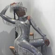 Black Disco Cowgirl, Silver Cowboy Outfit, Rhinestone Cowboy Outfit, Glitter Cowgirl Aesthetic, Chrome Cowgirl, Space Cowgirl Outfits