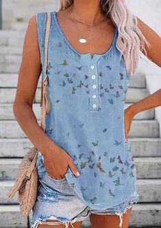 Blue Casual Graphic Tops Round Neck Butterfly Printed Sleeveless Tank Half Sleeve Blouse, Graphic Tops, Sleeveless Tops, Tees For Women, Casual Tank Tops, Two Piece Dress, Sleeveless Tank Top, Sleeveless Tank, Long Sleeve Casual