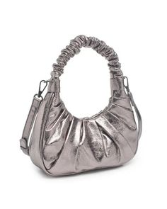 Time to shine... Product Details: Color: Pewter Cracked metallic all-over Ruched detailing Featuring gunmetal hardware Handle Drop: 6" Additional Shoulder Strap Drop: 23" Snap closure Inside Features: fabric lined, open compartment Detachable, adjustable strap Can be styled over the shoulder or as a crossbody bag, too! Dimensions: 8.75" L x 2.5" W x 4.25" H Silver Bags With Metal Hardware, Trendy Silver Bag With Metal Hardware, Modern Metal Bags For Formal Occasions, Silver Satchel Shoulder Bag, Silver Metal Shoulder Bag For Everyday Use, Modern Metal Bags For Parties, Chic Silver Metal Shoulder Bag, Chic Metal Bag For Everyday Use, Trendy Metallic Shoulder Bag For Evening