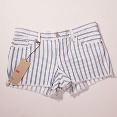 Cute Classic Levi's Pinstriped Shorts Frayed Edges Nwt Relaxed Fit Striped Shorts For Spring, Spring Striped Relaxed Fit Shorts, Spring Casual Shorts With Vertical Stripes, Casual Vertical Stripes Shorts For Spring, White Cotton Shorts With Vertical Stripes, White Vertical Stripes Shorts, Blue Vertical Stripes Short Bottoms, White Vertical Striped Shorts, Striped Cotton Shorts For Spring