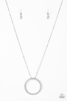 Encrusted in glittery white rhinestones, a dramatic silver hoop swings from the bottom of a lengthened silver chain for a refined look. Features an adjustable clasp closure. Sold as one individual necklace. Includes one pair of matching earrings. Center Of Attention, Circle Pendant Necklace, Paparazzi Accessories, White Necklace, White Rhinestone, Affordable Jewelry, Paparazzi Jewelry, Circle Pendant, Blue Rhinestones