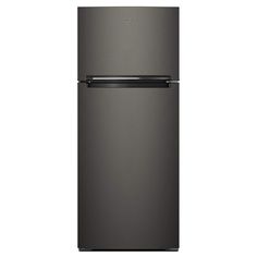 a black refrigerator freezer sitting on top of a white wall