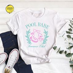 Pool Babe Social Club Shirt, Trendy Summer Shirt, Pool Gift Shirt, Beach Vacation Shirt, Summer Vibes Shirt, Swim Shirt, Summer Vacation Tee   Dear Customer, We're here to give you best Pool shirt options for you. We want to make everyone smile with our cute , stylish and trendy graphic T-shirts. We can assure you this shirt will be perfect Pool gift whether you will buy it yourself or for someone else. 1. Important Check size chart before you purchase 2. How to Order * Pick your shirt type and Cute Beach Shirt With Funny Print, Beach Shirt With Funny Print, Cute Cotton Beach Shirt, Summer Cotton Tops With White Print, Summer White Print Cotton Tops, Cute Beach Shirt With Letter Print, Cute Graphic Print Shirt For Beach Season, Cute Summer Shirt Pre-shrunk, Summer White Letter Print Shirt