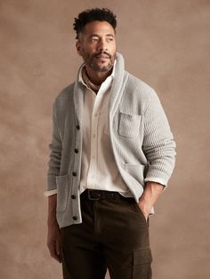 At once smart and relaxed, this shawl-collar cardigan is destined to become an heirloom.  It's knit from soft, strong, American-grown SUPIMA® cotton, an extra-long staple cotton  and a customer favorite.  Shawl collar with button front.  Three front Workwear Cardigan With Shawl Collar And Button Closure, Shawl Collar Cardigan With Button Closure For Work, Classic Knit Outerwear With Shawl Collar, Classic Sweater With Shawl Collar For Work, Classic Shawl Collar Sweater For Work, Classic Fitted Sweater Coat With Shawl Collar, Classic Fitted Cardigan With Shawl Collar, Classic Fitted Shawl Collar Cardigan, Classic Sweater With Shawl Collar And Button Closure