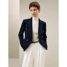 Timeless Double-breasted Blazer With Hidden Buttons, Chic Tailored Blazer With Double-breasted Button Fastening, Timeless Wool Blazer With Double-breasted Button Fastening, Tailored Navy Outerwear With Double-breasted Button, Navy Notch Lapel Blazer With Double-breasted Button Fastening, Womens Active Wear Outfits, Chic Coat, Silk Material, Bridal Robes