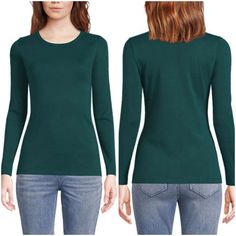 Lands' End Women's Cotton Rib Long Sleeve Crewneck T-Shirt Measurements Pit To Pit 16.5 Inches Length 26 Inches Color Forest Green Ultra-Fine Ribs Keep The All-Cotton Knit From Clinging Flattering Crew Neckline Shaped: Curves Slightly At The Waist 100% Soft Cotton. Machine Wash. Imported. Long Tee Shirts, Fall And Winter Outfits, Blue Long Sleeve Tops, Blue Long Sleeve Shirt, Crew Neck Tshirt, Basic Long Sleeve, Long Sleeve Tee Shirts, Long Sleeve Turtleneck, Womens Long Sleeve Shirts