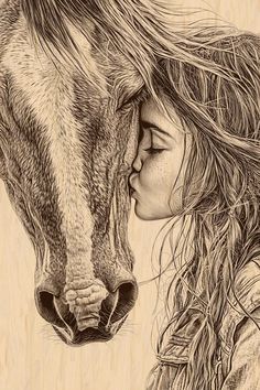 a drawing of a girl and a horse's face, with long hair blowing in the wind