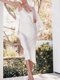 Elegant V-neck Slip Dress For Wedding, Elegant V-neck Bridesmaid Wedding Dress, Feminine Evening Dress For Spring Wedding, Delicate Fitted Dress For Wedding Night, Elegant Midi Dress For Summer Wedding, Elegant Summer Midi Dress For Wedding, Elegant Summer Wedding Midi Dress, Elegant Summer Slip Dress For Wedding Night, Elegant Bridesmaid Slip Dress With Fitted Bodice