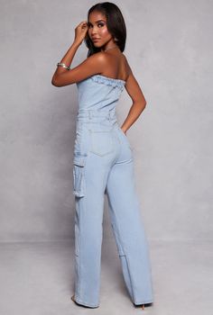 Daisy, Sleeveless, Strapless, Straight Leg, Cargo Pocket(s), Solid, Denim, Item Number 3408064722805 Cargo Jumpsuit, Denim Cargo, Cargo Pocket, Item Number, Straight Leg, Daisy, Jumpsuit