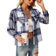 This shackets for women is the perfect blend of style and comfort. This plaid shirts for women features a classic plaid pattern that gives it a timeless look. The loose fit of the womens fall fashion jacket allows for easy movement and is perfect for Women Cropped Shacket and T-shirts. The two front pockets on this trendy fall outfits for women add utility while adding dimension to the overall look. Size: XL.  Color: Blue.  Gender: female.  Age Group: adult. Blue Workwear Shacket With Buttoned Pockets, Blue Long Sleeve Shacket With Pockets, Blue Buttoned Flannel Shirt For Winter, Blue Collared Shacket With Buttoned Pockets, Winter Blue Buttoned Flannel Shirt, Blue Flannel Shirt With Buttons For Winter, Blue Cotton Shacket With Snap Buttons, Blue Long Sleeve Flannel Shirt For Fall, Blue Cotton Shacket With Button Closure