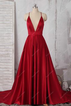 Red Satin Plunging V-neck Sexy Open Back Simple A-line Prom Dress A Line Prom Dress, Satin Dress Long, Prom Dress Styles, Designer Prom Dresses, A Line Prom Dresses, Wholesale Dress, A Line Gown, Evening Gowns Formal, Red Satin