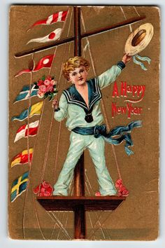 an old postcard features a boy on a boat with flags flying in the wind