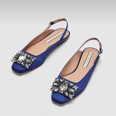 Zara Rare Satin Royal Blue Bejeweled Slingback Shoes -Step Into Elegant Style With These Gorgeous Royal Blue Satin Slingback Shoes Featuring Glittering Diamant Ornament (Zara’s Desc) On Front,About 2.75 X 1.75”,Stones Are Prong Set & Faceted, Complimenting The Sleek Silhouette -Comfortable Low Heels, Between .25” - .5” -Strap With Buckle Closure, Has A Little Stretch For Comfort & Fit Adjustment -Size Zara 39,Us 8 -Because Of Characteristic Of Satin & Mold Of Shoes, Can See Where Shoe Is Not Com Wrap Around Heels, Royal Blue Shoes, Ankle Cowboy Boots, Wedding Guest Shoes, Stunning Shoes, Chic Shoes, Closed Toe Shoes, Fancy Shoes, Slingback Shoes