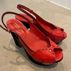 Red Patent Leather Upper With Black Suede Platform Made In Italy Very Good Condition 4” Heel, 1.5” Platform Sergio Rossi Shoes, Rossi Shoes, Platform Block Heels, Red Hearts, Sergio Rossi, Red Heart, Black Suede, Patent Leather, Block Heels