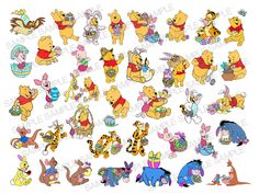 winnie the pooh and friends stickers are shown in various sizes, colors and shapes