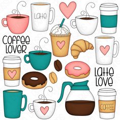 coffee and donuts clipart set with different types of coffee cups, doughnuts, croissants