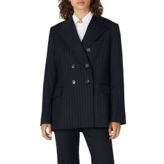 Blue wool (53% Wool, 29% Polyester, 16% Viscose, 2% Elastane). Jacket. Long sleeves. Button closure. Fully lined. Pockets. 27" from shoulder to hemline. Imported. Elegant Pinstripe Outerwear With Double-breasted Button, Striped Outerwear With Double Button Closure For Business, Pinstripe Blazer With Double Button Closure For Fall, Elegant Pinstripe Outerwear With Button Closure, Pinstripe Double-breasted Blazer For Office, Pinstripe Blazer With Double Button Closure For Office, Tailored Striped Suit With Double-breasted Fastening, Office Pinstripe Blazer With Double Button Closure, Winter Pinstripe Suit For Workwear