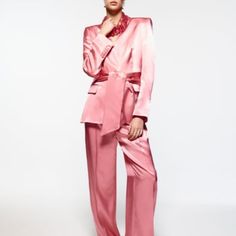 Zara Pink Satin Oversized Matching Blazer Trouser Set. Sold Out!! Blogger Favorite!! Amazing Color!! Pant And Blazer. Formal Pink Satin Bottoms, Elegant Pink Silk Bottoms, Pink Silk Evening Set, Chic Silk Evening Sets, Pink Long Sleeve Pantsuit For Evening, Chic Silk Pantsuit For Party, Pink Silk Evening Pants, Glamorous Spring Formal Pantsuit, Silk Long Sleeve Pantsuit For Spring