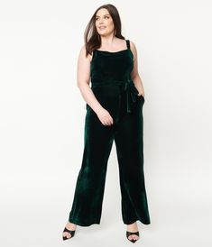 Collectif Plus Size Emerald Velvet Joan Jumpsuit - Unique Vintage - Womens, BOTTOMS, ROMPERS AND JUMPSUITS Emerald Velvet, Emerald Green Velvet, Straight Neckline, Plus Size Jumpsuit, Wide Legs, Green Velvet, Unique Vintage, Emerald Green, Bodice