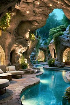 Mystical indoor-outdoor grotto with organic rock formations and a winding aqua pool, highlighted by ambient lighting and lush greenery. Pool With Grotto And Slide, Pool Cave, Infinity Pool Design, Pool Grotto, Grotto Design, Grotto Pool, Insane Pools, Cave Pool, Cottage House Designs