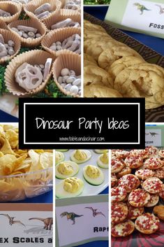 there are many different types of food on the table and one is for dinosaur party ideas