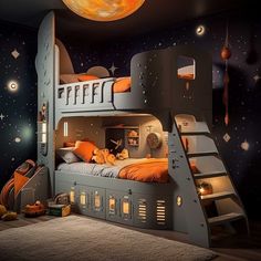 a child's bedroom with bunk beds and space themed walls