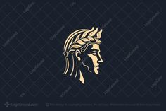 the head of an ancient man with a crown on his head, logo design for sale