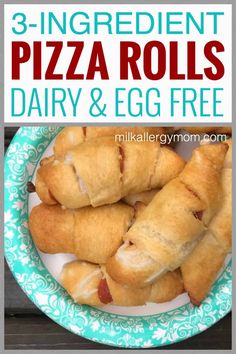 three ingredient pizza rolls dairy and egg free on a plate with text overlay that reads 3 ingredient pizza rolls dairy & egg free