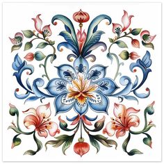 an artistically designed tile with flowers and leaves