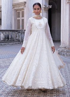 Noor Ivory Anarkali Set Renee - Fabilicious Fashion Ivory Anarkali, White Anarkali Suits, White Anarkali, Mehendi Outfits, Scallop Border, Royal Palaces, Anarkali Dress Pattern, Georgette Dupatta, Vacuum Storage