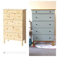 a dresser with several drawers next to a bed