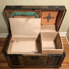 an old trunk is sitting on the floor