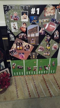 a football themed bulletin board with pictures on it