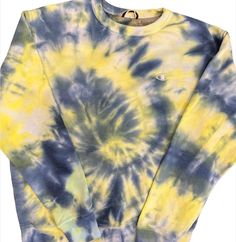 Blue and yellow crewneck tie dye champion sweatshirt in heavy cotton  Machine wash cold and hang dry  Mens sizing Tie Dye Crew Neck Sweatshirt For Streetwear, Tie-dye Crew Neck Sweatshirt For Streetwear, Yellow Crewneck, Cheap Cardigans, Blue Crewneck, Karen Scott, Champion Sweatshirt, Tie And Dye, Tie Dye Top