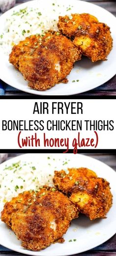 air fryer boneless chicken thighs with honey glaze on a white plate and in the background