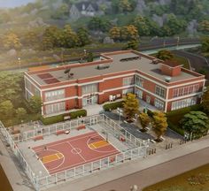 an artist's rendering of a basketball court in front of a large brick building