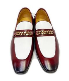 Calfskin Spectator Loafer Red/White Elegant Calfskin Two-Tone slip-on Spectator Penny Loafer from the Carrucci collection features Gold Chain Detailing, full Leather Lining and a clean welt! Gentleman Shoes, Formal Loafers, Shoe Tree, Penny Loafer, Fashion Footwear, Suede Sandals, Sneaker Brands, Penny Loafers, Formal Shoes