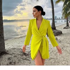 Brand New With Tags New Zara Pareo Viral Blogger Favorite Blazer Wrap Long Sleeve Mini Dress With Tie Wrap Waist Viral Blogger Favorite Blazer/Wrap Dress Size Medium Neon Green / Bright Yellow Color Arm Pit To Pit 17 Arm Pit To Bottom 24 Arm Pit To Bottom Of Sleeve 15 Elegant Yellow Mini Dress For Beach, Elegant Yellow Beach Mini Dress, Zara Yellow Party Dress, Yellow Long Sleeve Mini Dress For Cocktail, Zara Yellow Mini Dress For Brunch, Zara Yellow V-neck Mini Dress, Chic Neon Yellow Spring Dresses, Yellow Mini Dress For Workwear In Summer, Yellow Summer Mini Dress For Work