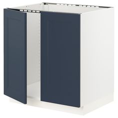 a white and blue cabinet with two doors on each side, one door open to reveal the other