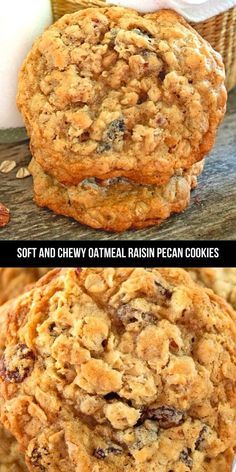 three different views of cookies with the words soft and chewy oatmeal raisin pecan cookies