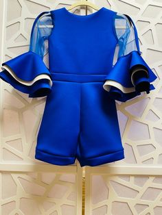 Royal Blue Jumpsuit Romper Pageant Outfit Girls Neoprene | Etsy Fitted Blue Bubble Romper For Spring, Blue Fitted Bubble Romper For Spring, Spring Fitted Blue Bubble Romper, Fitted Bubble Romper For Spring Party, Spring Party Bubble Romper With Ruffles, Trendy Ruffled Jumpsuits And Rompers For Parties, Blue Trendy Jumpsuits And Rompers For Party, Fun Fashion Pageant Outfit, Royal Blue Jumpsuit